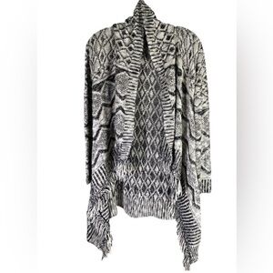 Romeo + Juliet Cardigan Sweater Womens S Black White Drape Open Front Fringe Hem
